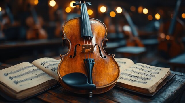 A violin rests on sheet music, symbolizing musical artistry.
