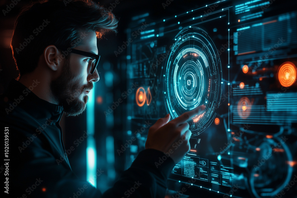 Aufkleber man is pointing at a glowing circle on a computer screen. the circle is surrounded by a series of li