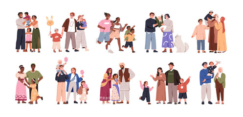 Happy diverse families set. Traditional heterosexual parents with kids. Father, mother and child, different ethnicity. Mom, dad, children. Flat vector illustration isolated on white background