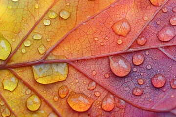 Hyperrealistic closeup of a vibrant autumn leaf covered in dew, showing every water droplet in high detail