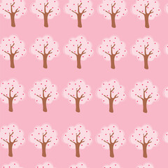 Seamless pattern with romantic trees on pink background. Trees with red hearts on pink background vector illustration.