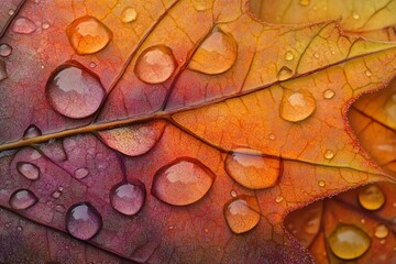 Hyperrealistic closeup of a vibrant autumn leaf covered in dew, showing every water droplet in high detail
