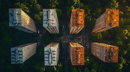Obraz premium Aerial view of apartment buildings in a green forest.