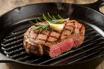 Sizzling Steak in Cast-Iron Skillet with Rosemary