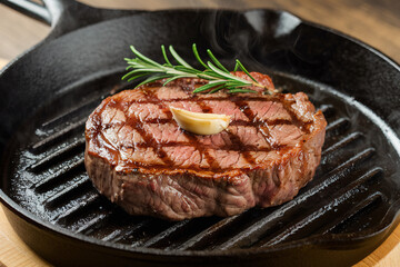 Sizzling Steak in Cast-Iron Skillet with Rosemary
