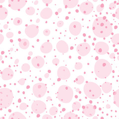 Seamless pattern with pink polka dots on white background. Vector illustration.