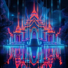 Illustrate a majestic temple with glowing outlines in neon lights, reflecting on the water in a night setting, with intricate cultural patterns in a scifi style