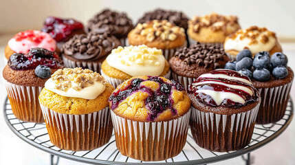 variety of muffins including blueberry, chocolate, and jam-filled, each with distinct toppings like streusel and icing