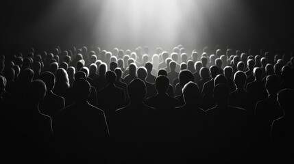 Obraz premium Group of business silhouettes in front of a large crowd, highlighting leadership in a corporate setting, black backdrop