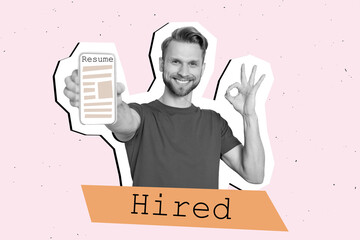 Creative collage picture young show ok gesture hired success resume smartphone screen employment cv job search find complete