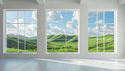 Naklejka premium Green, grassy hills, a blue sky with white clouds - a perfect desktop wallpaper for Windows XP. Nature backdrop, summer vibe, looking out from inside