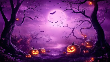 Halloween landscape with pumpkins, spooky tree silhouettes, and glowing lights. Purple sky with a moonlit effect for a mysterious vibe.
