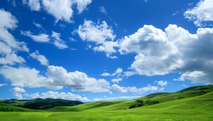 Green, grassy hills, a blue sky with white clouds - a perfect desktop wallpaper for Windows XP. Nature backdrop, summer vibe, looking out from inside