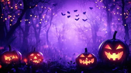 Halloween night with lit pumpkins, silhouetted trees, and glowing lights. Purple sky sets a spooky and festive tone.