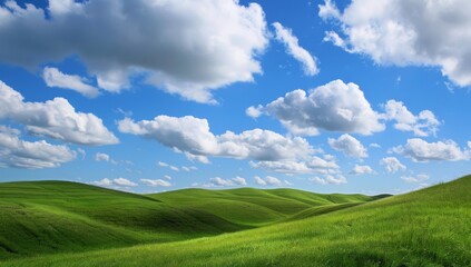 Obraz premium Green, grassy hills with a blue sky and white clouds, a desktop wallpaper for Windows XP. --ar 53:30 --style raw --stylize 50 --v 6 Job ID: c19f9ca8-8253-4ec6-9e75-70bd04971185