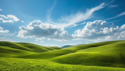Obraz premium Green, grassy hills, a blue sky with white clouds - a perfect desktop wallpaper for Windows XP. Nature backdrop, summer vibe, looking out from inside