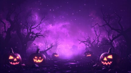 Halloween scene with glowing pumpkins, spooky trees, and flickering lights under a purple night sky. Eerie atmosphere with a magical feel.