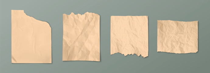 Brown old torn paper sheet. Crumpled poster with crease effect. Vintage rough page for note. Realistic grunge wrinkled material piece cutout from notebook. Abstract school diary checkered document pad