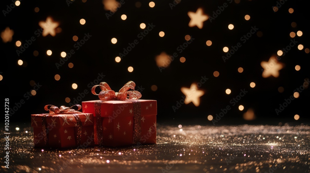 Wall mural beautifully wrapped christmas presents surrounded by sparkling stars and soft holiday lights, featur