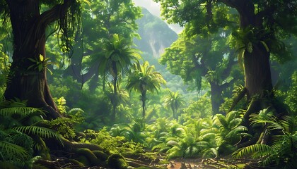 Tropical rainforest with trees and ferns