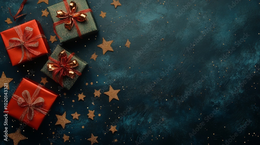 Wall mural beautifully wrapped christmas presents surrounded by sparkling stars and soft holiday lights, featur