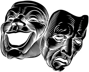 Theater or theatre drama comedy and tragedy masks in a vintage woodcut etching style