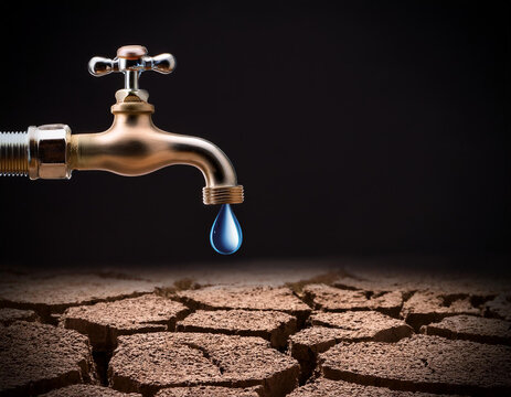 Una extension de tierra seca y un grifo con una gota de agua en la oscuridad