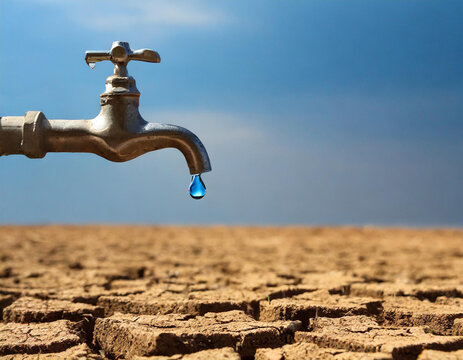 Un grifo con una gota de agua cayendo en la tierra seca, simbolo de sequia mundial dia mundial del agua o cambio climatico