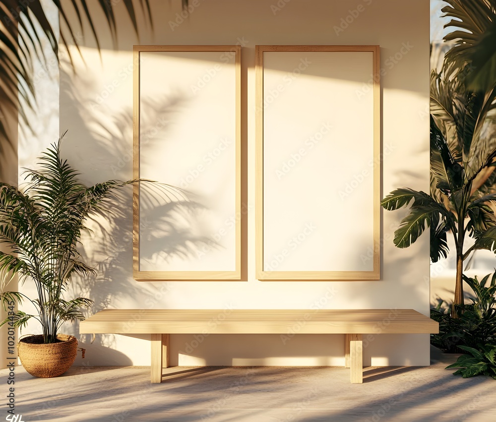 Wall mural minimalist wooden bench with two frames and palm trees