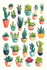 Illustration von vielen Kakteen und Sukkulenten in Blument&ouml;pfen 