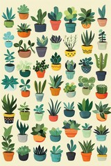 Illustration von vielen Kakteen und Sukkulenten in Blumentöpfen 