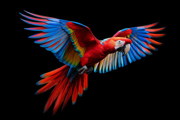 Obraz premium colorful flying parrot on black background