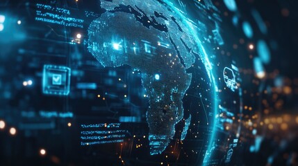 Highlighted African continent on a digital globe. Futuristic data streams and technology icons flow around in a dark, tech-inspired setting.