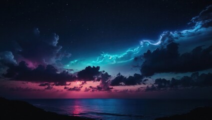 Colorful night sky with hues of pink, orange, and purple illuminating the clouds