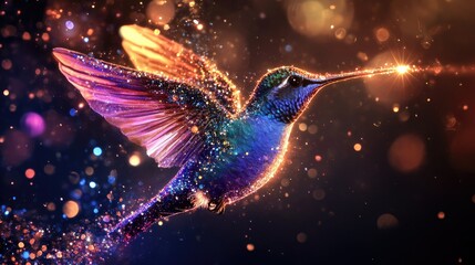 Hummingbird shimmering with colorful particles, glowing brightly on a dark background, wings flapping in a luminous arc