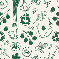 Hand Drawn Linear Style Seamless Pattern with Vegetables.