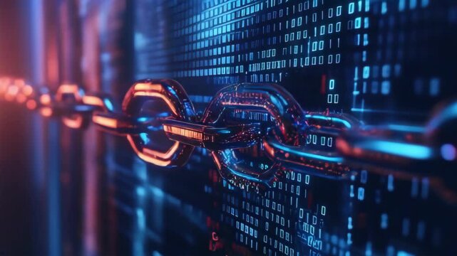 Close-Up of a Digital Blockchain Chain Link Surrounded by Data Code Security Symbols