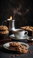 Fototapeta premium Close-up of cookies and coffee with cozy indoor setting and soft background