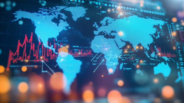 Close-up of digital world map with highlighted countries and trade routes, visualizing the impact of tariffs on global trade and rising economic tension through a graph.