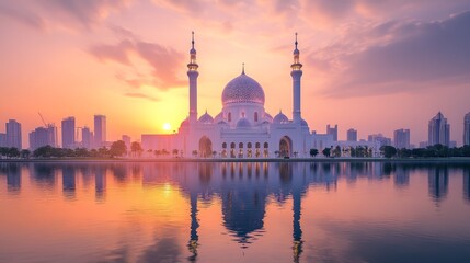 Naklejka premium A beautiful white mosque with a golden dome stands tall against a vibrant sunset sky, its reflection shimmering on the still water.