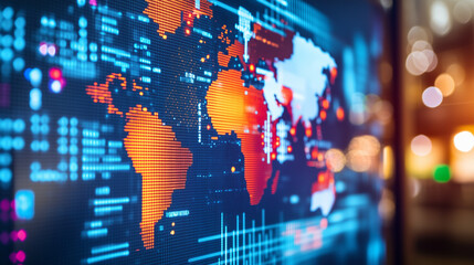 A Close-Up of a Digital Screen Displaying a World Map with Highlighted Countries and Trade Routes, Emphasizing the Impact of Tariffs on Global Trade, Featuring a Graph with Rising Lines that Symbolize