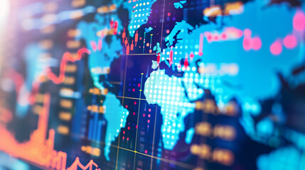 Fototapeta premium A Close-Up of a Digital Screen Displaying a World Map with Highlighted Countries and Trade Routes, Emphasizing the Impact of Tariffs on Global Trade, Featuring a Graph with Rising Lines that Symbolize