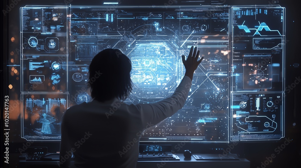 Poster Person working on a futuristic computer interface with holographic screens