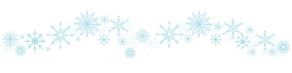 Flat vector illustration of Christmas snowflakes for winter season. Snowflakes in a long row. Snowflake background. White snow is flying on a white background.