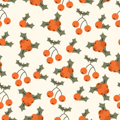Flat vector illustration of seamless pattern of rowan berries. Pattern with berries and leaves on yellow background.