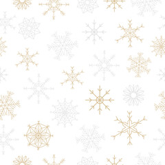 Flat vector illustration of seamless pattern gold and silver snowflakes. Pattern, ornament with snow, snowfall, falling snowflakes. Idea for background, wallpaper, fabric, postcard.