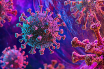 Obraz premium colorful image of two viruses in a blue background. The viruses are pink and purple in color