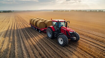 Red tractor pulling a trailer loaded with hay bales across a field.