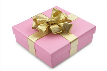 Obraz premium pink gift box wrapped with gold bow and ribbon. .