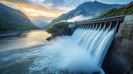 Scenic view of a majestic dam with flowing water against a mountain backdrop at sunrise, highlighting nature and engineering marvels.